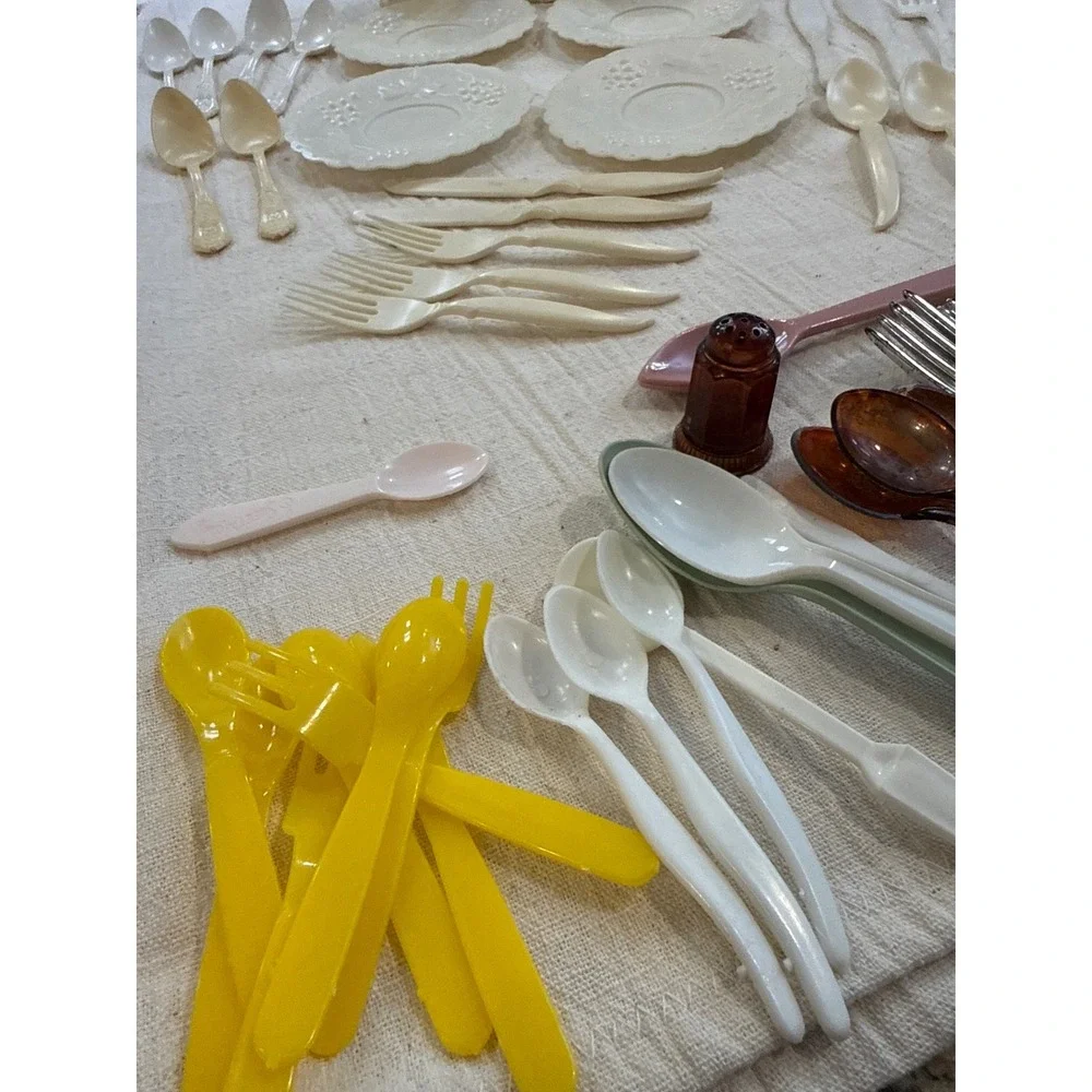 Vintage Toy Tea Set and Play Kitchen Utensils Lot Grape Pattern Plastic Retro